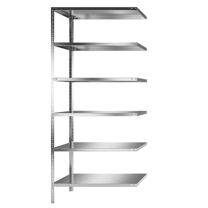 Stainless steel shelf unit, shelf height 2500 mm, extension shelf, width x depth 1100 x 600 mm.