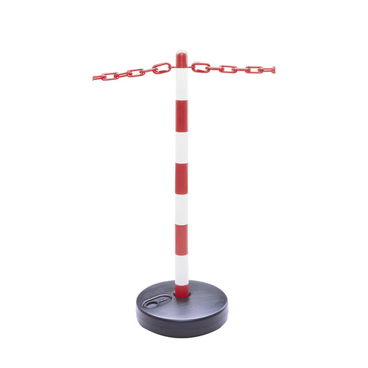 Chain stand set, 6 posts, round plastic base, can be filled, 10 m chain, red / white.