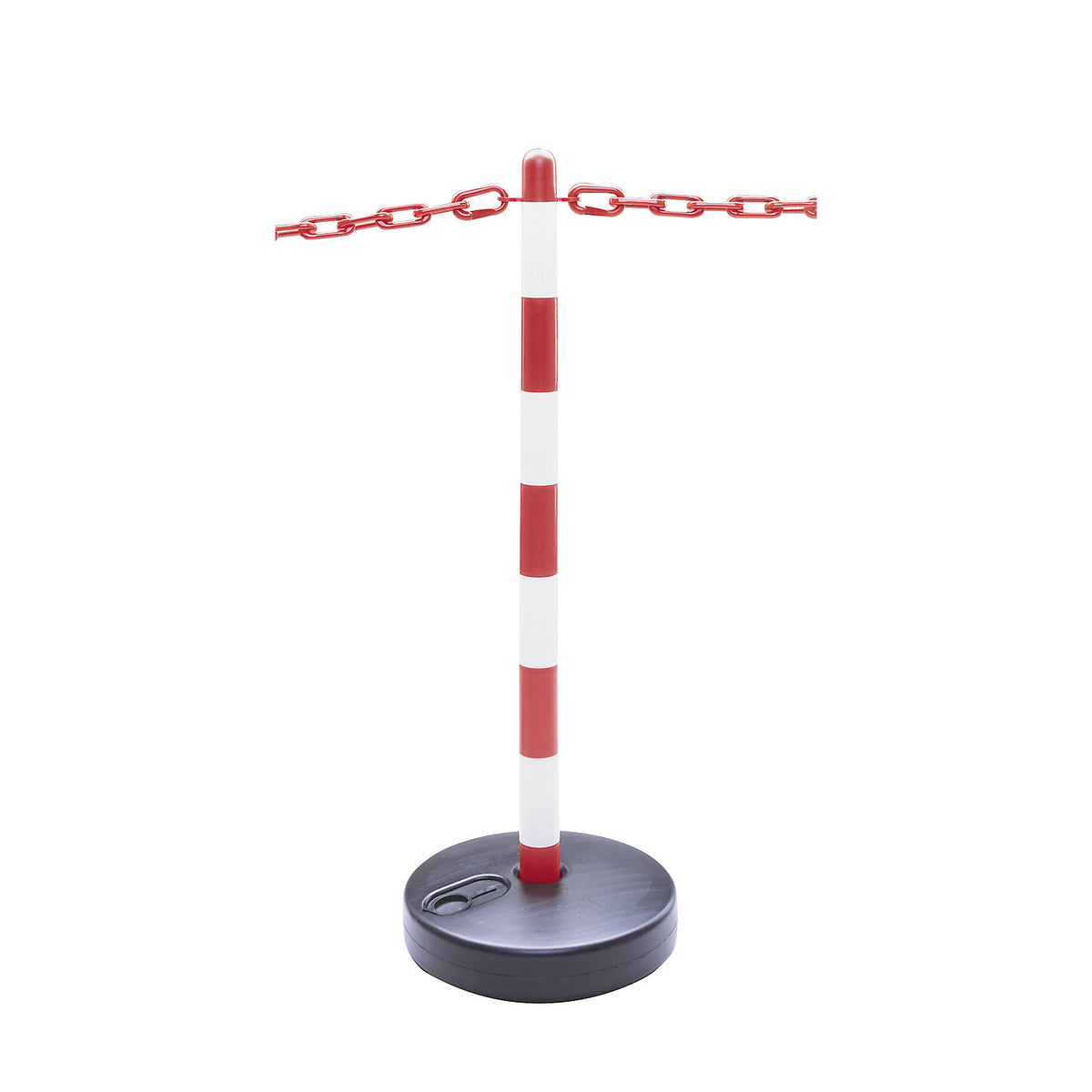 Chain stand set, 6 posts, round plastic base, can be filled, 10 m chain, red / white.