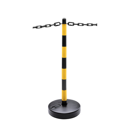 Chain stand set, 6 posts, round plastic base, can be filled, 10 m chain, black / yellow.