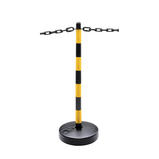 Chain stand set, 6 posts, round plastic base, can be filled, 10 m chain, black / yellow.
