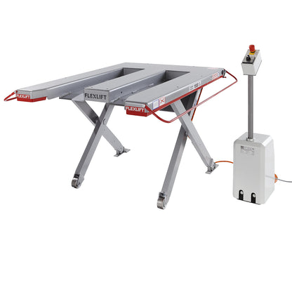 Low profile lift table, E series, max. load 1500 kg, LxW 1300 x 1150 mm, 400 V 3-phase.