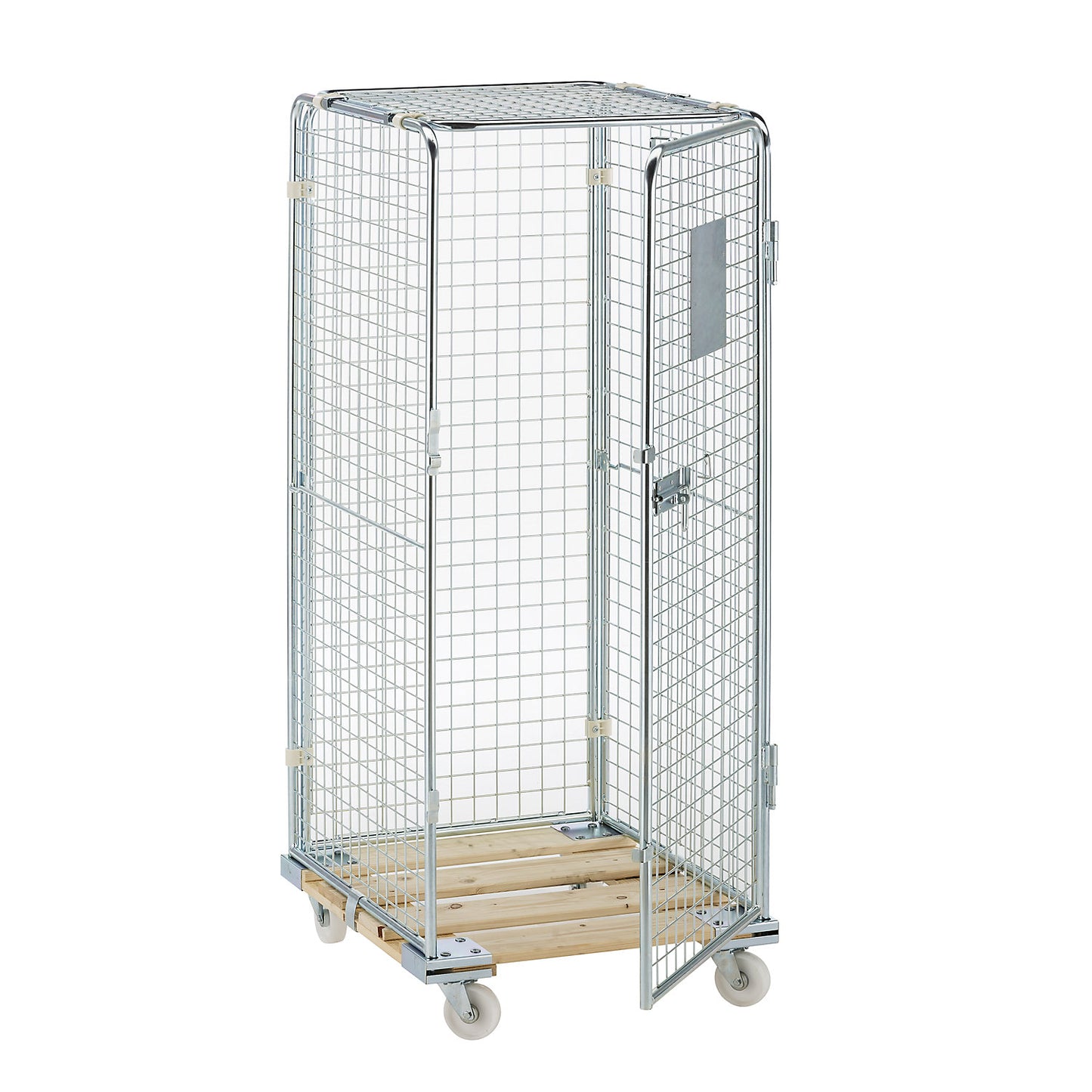Security roll container with wooden dolly, effective height 1585 mm, with 1 door.