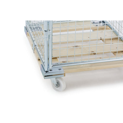 Security roll container with wooden dolly, effective height 1350 mm, with 1 door.