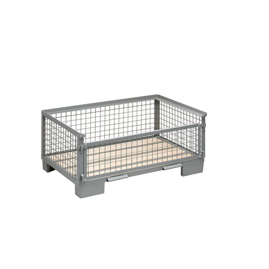 Mesh pallet, medium height, 1 long side with full drop gate, 1+ items.