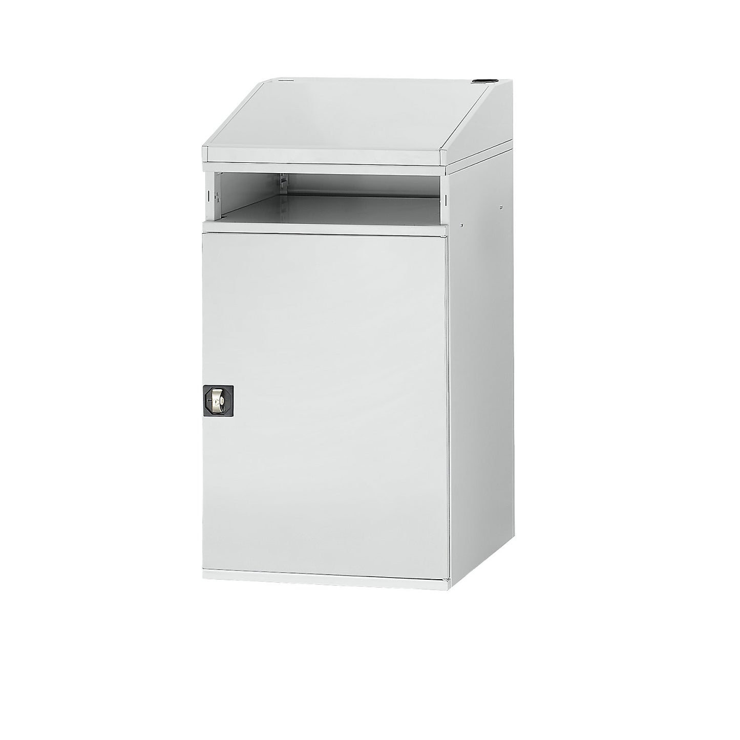 Industrial pedestal desk, with open compartment above the cupboard, width 650 mm, light grey.