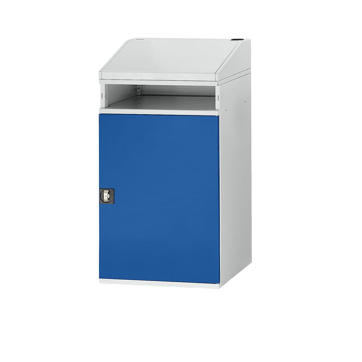 Industrial pedestal desk, with open compartment above the cupboard, width 650 mm, light grey / gentian blue.