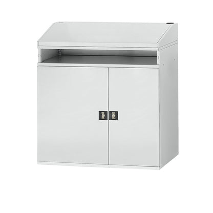 Industrial pedestal desk, with open compartment above the cupboard, width 1100 mm, light grey.