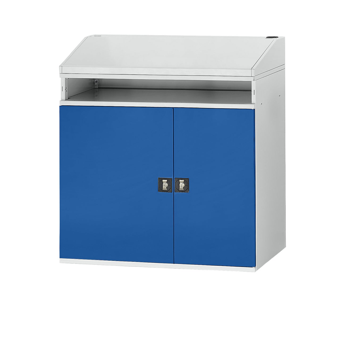 Industrial pedestal desk, with open compartment above the cupboard, width 1100 mm, light grey / gentian blue.