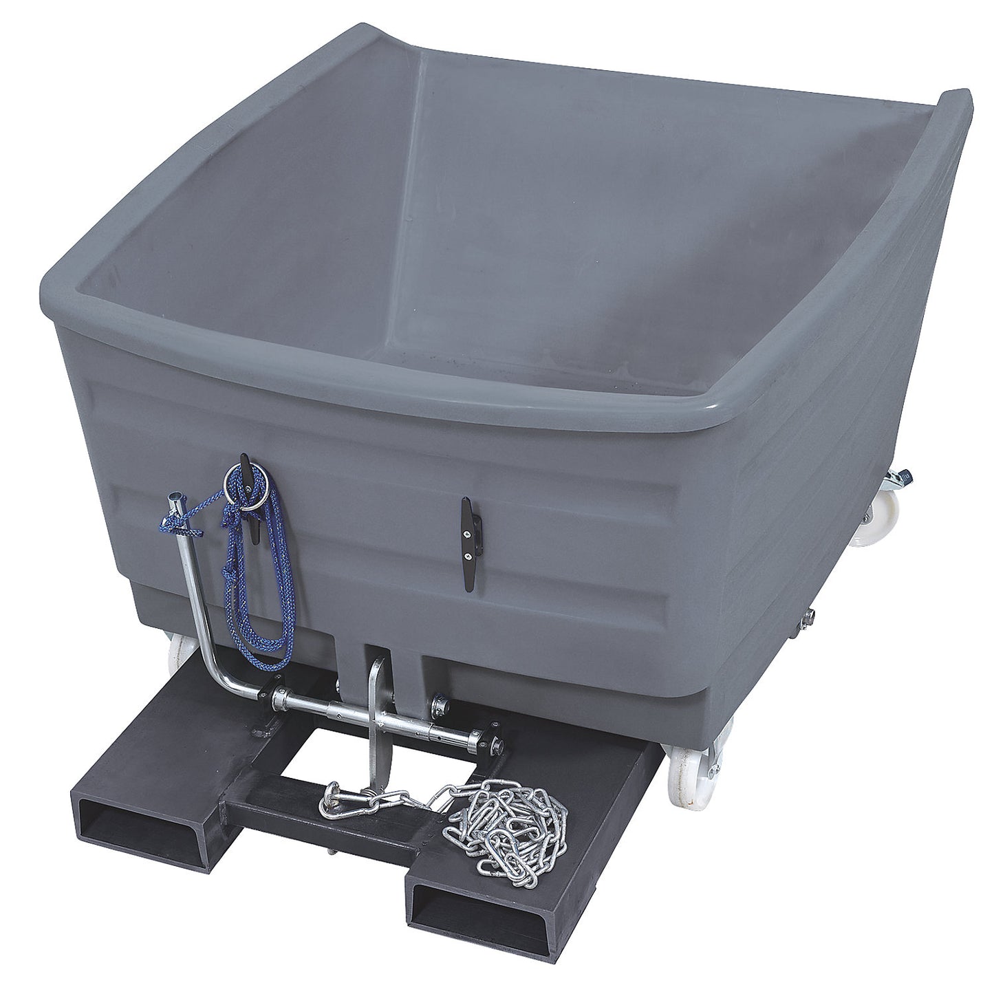 Heavy-duty tipping skip, made of polyethylene, capacity 1 m³, grey.