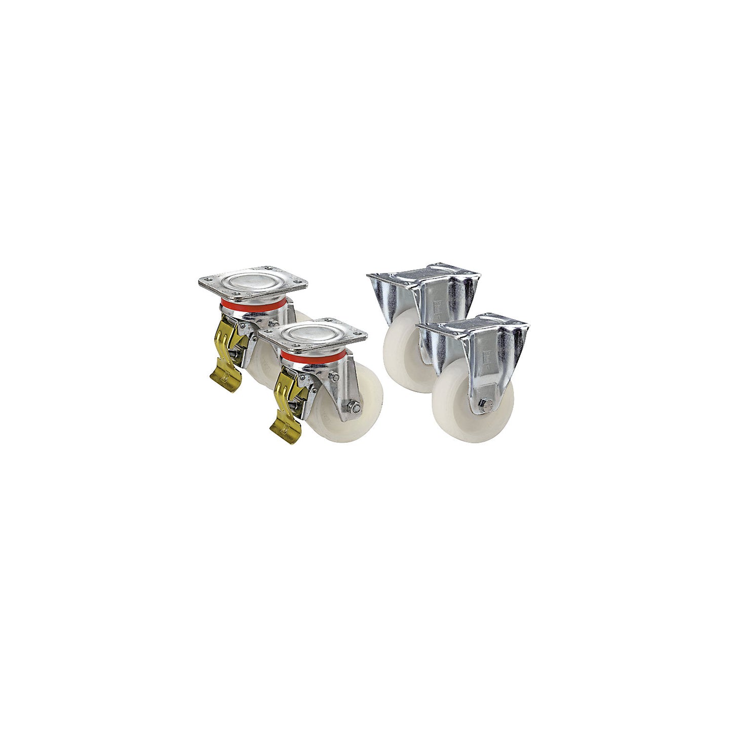 Nylon wheel, set offer, 2 swivel castors with double stops and 2 fixed castors, with ball bearing, wheel Ø x width 100 x 35 mm, max. load 350 kg.