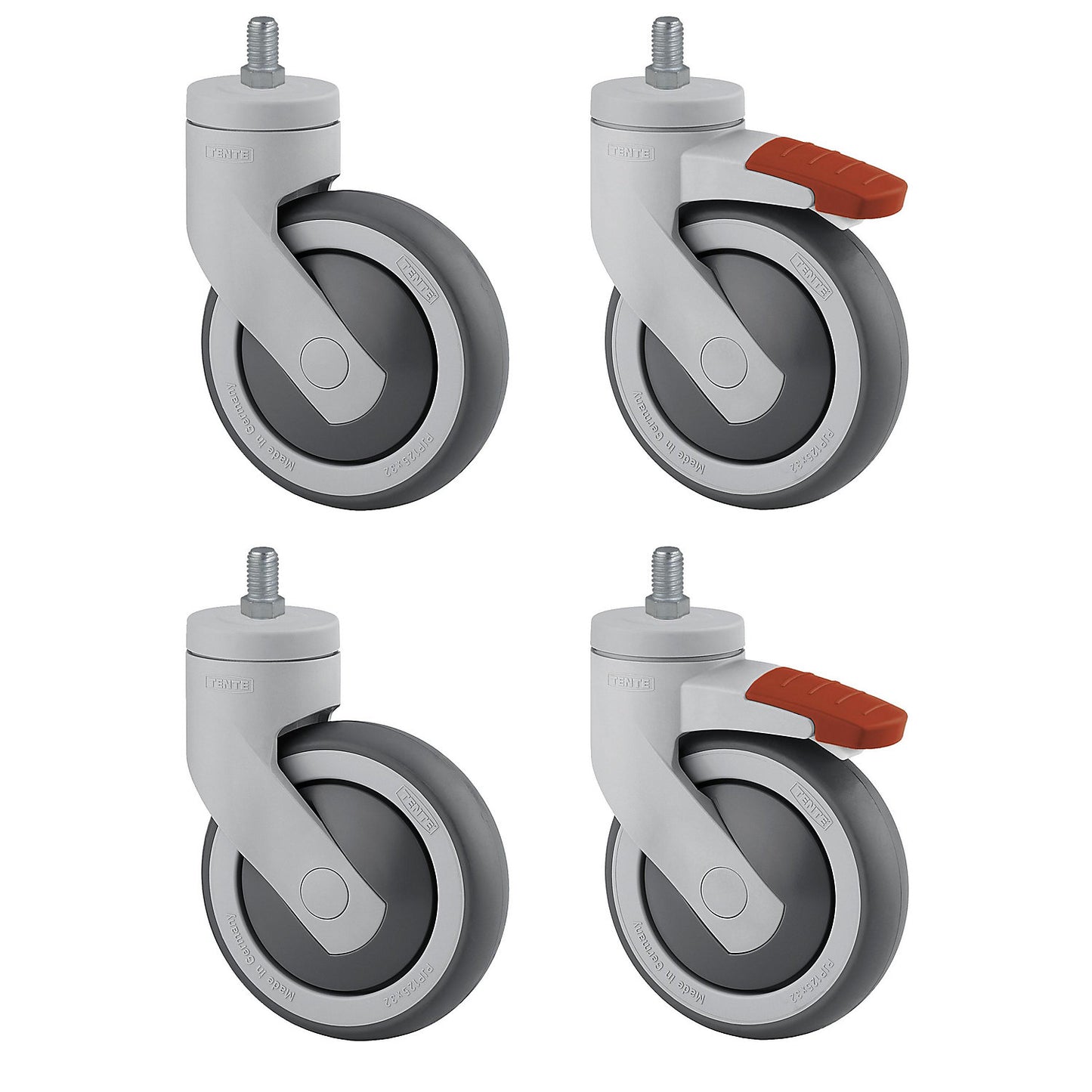 Plastic castor, offered as a set, 2 swivel castors with double stop and 2 swivel castors, threaded pin, wheel Ø x width 75 x 25 mm.