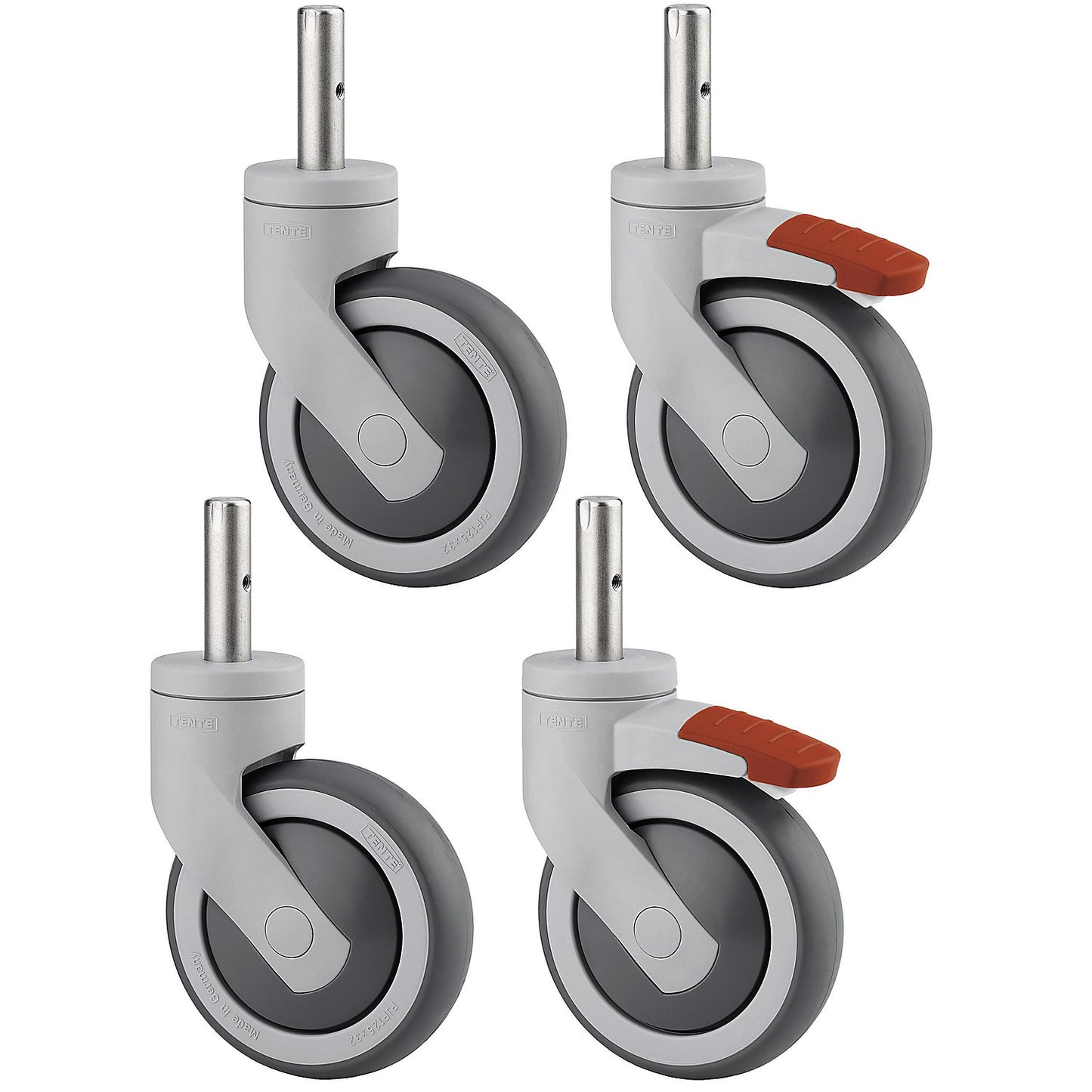 Plastic castor, offered as a set, 2 swivel castors with double stop and 2 swivel castors, pins, wheel Ø x width 100 x 32 mm.