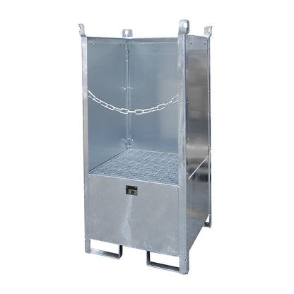 Storage and transport pallet with sump tray, with closed rear and side panels, stackable, for 1 drum, zinc plated.