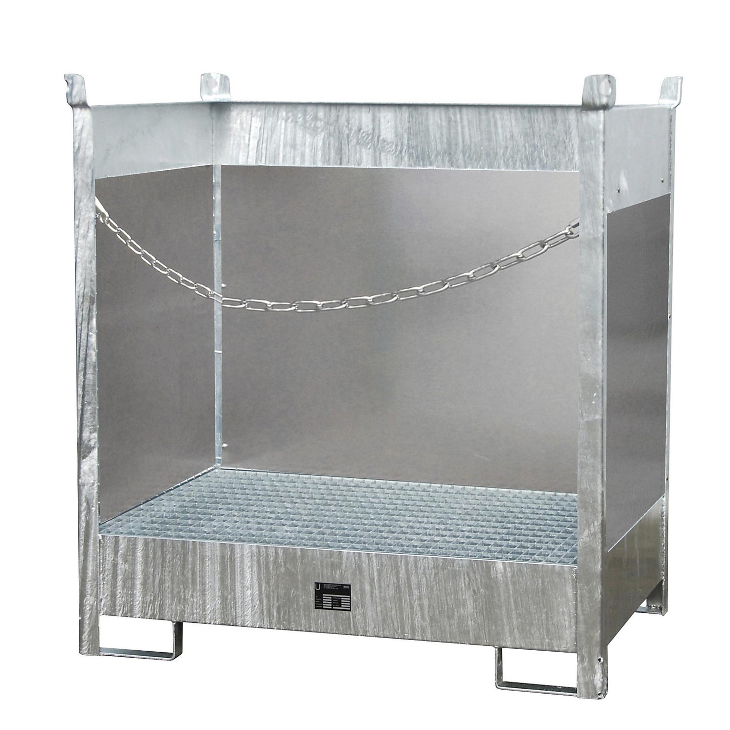 Storage and transport pallet with sump tray, with closed rear and side panels, stackable, for 2 drums, zinc plated.