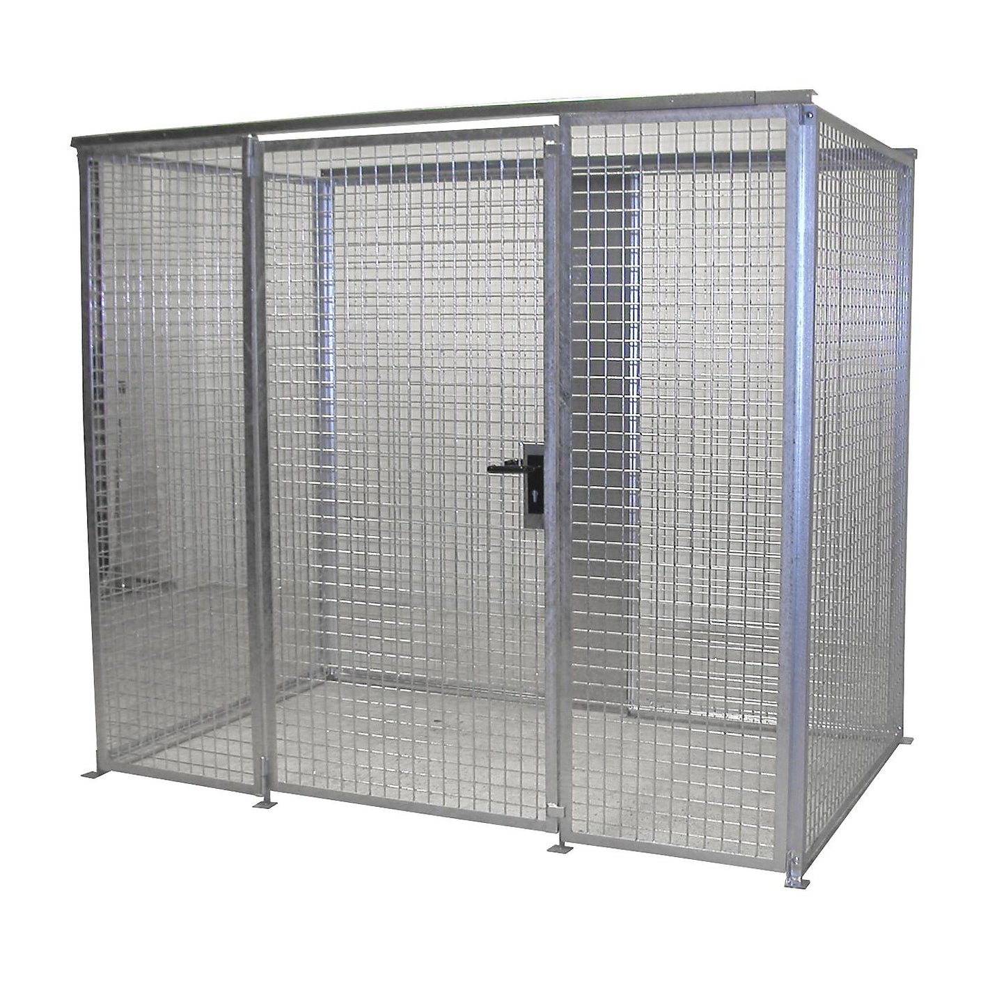 Mesh gas cylinder cage, without roof, with single hinged door, WxD 2400 x 1500 mm.