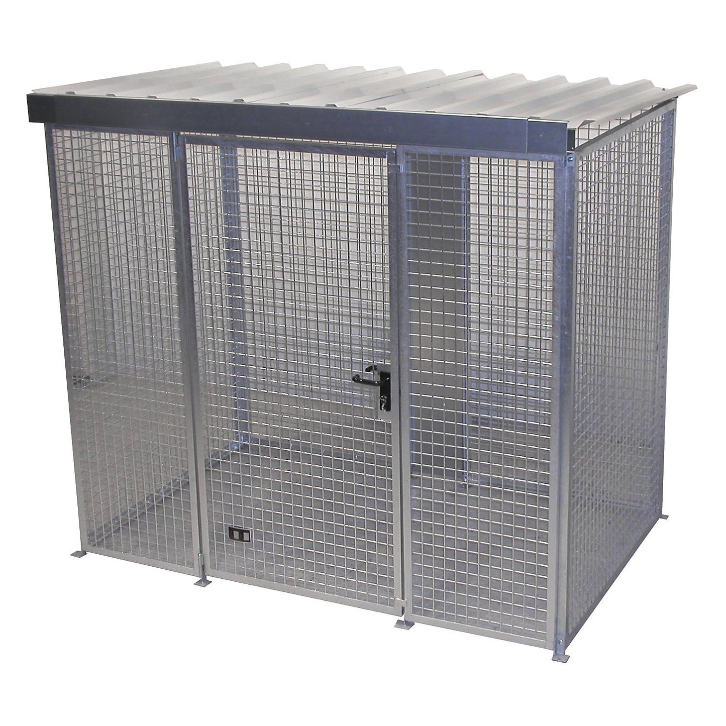 Mesh gas cylinder cage, with roof and single hinged door, WxD 2400 x 1500 mm.
