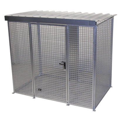 Mesh gas cylinder cage, with roof and single hinged door, WxD 2400 x 1500 mm.
