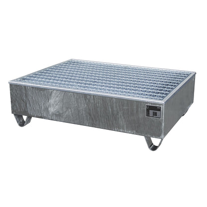 Steel sump tray with PE insert, for 200 l drums, LxWxH 1215 x 815 x 365 mm, zinc plated.