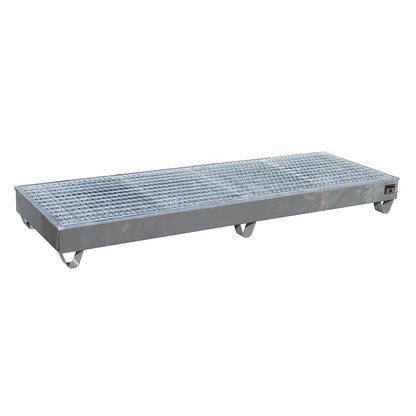 Steel sump tray with PE insert, for 200 l drums, LxWxH 2415 x 815 x 255 mm, zinc plated.