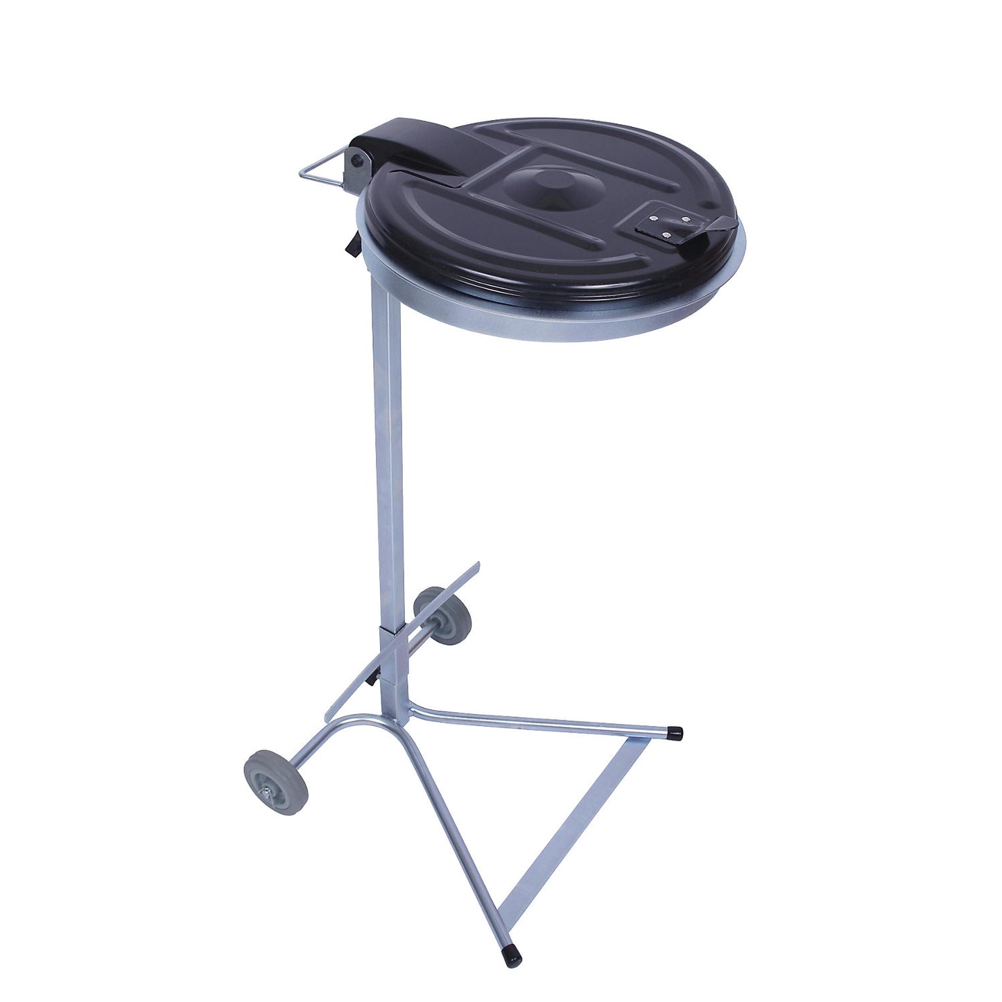Waste sack stand, for capacity 120 l, 2-wheeled base, zinc plated, plastic lid.