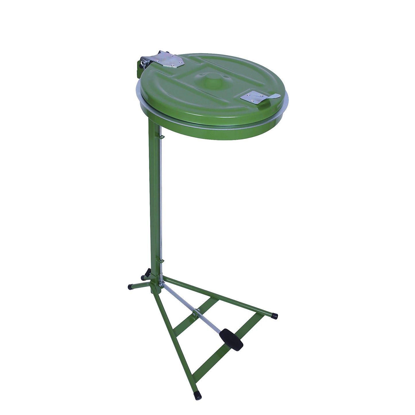 Waste sack stand, static frame, for capacity 120 l, with pedal, green, steel lid.