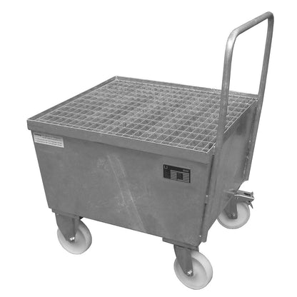 Mobile steel sump tray with edge profiles, for 200 l drum, 1 x upright, LxWxH 870 x 800 x 1110 mm, hot dip galvanised.