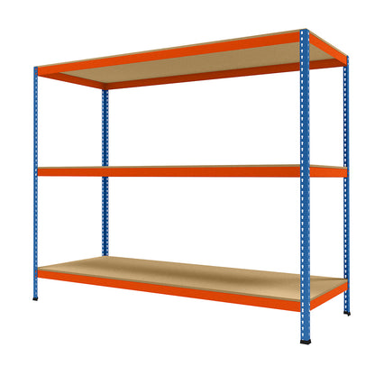 Wide span heavy duty shelving, height 1981 mm, overall depth 926 mm, width 2450 mm.