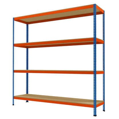 Wide span heavy duty shelving, height 2438 mm, overall depth 621 mm, width 2450 mm.