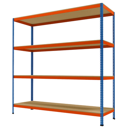 Wide span heavy duty shelving, height 2438 mm, overall depth 773 mm, width 2450 mm.