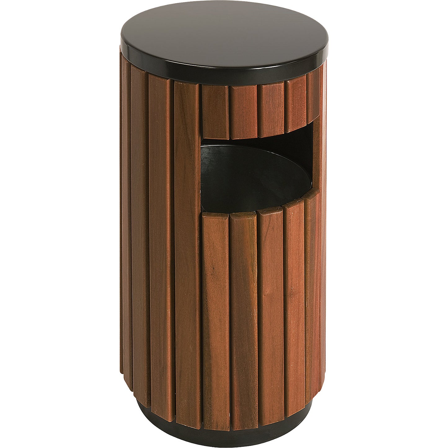 Outdoor waste collector, wood finish, capacity 33 l, round, deposit hole on one side.