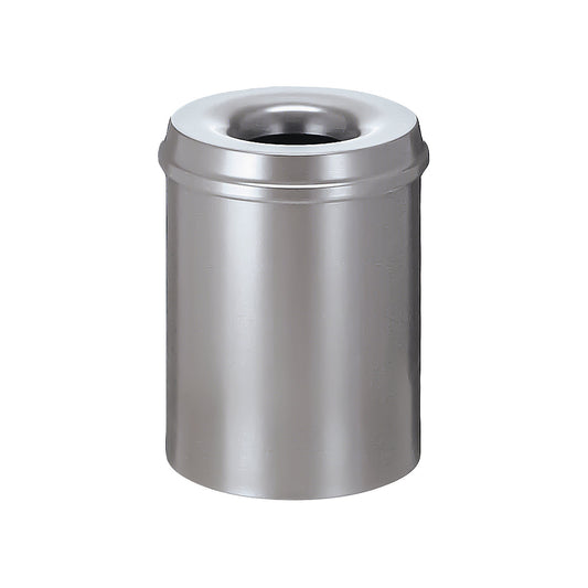 Safety waste paper bin, steel, self-extinguishing, capacity 15 l, HxØ 360 x 255 mm, body silver / extinguishing lid silver.