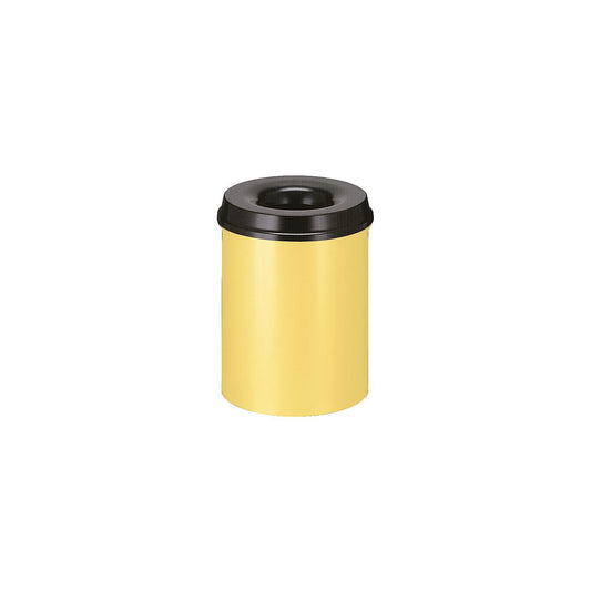 Safety waste paper bin, steel, self-extinguishing, capacity 15 l, HxØ 360 x 255 mm, body yellow / extinguishing lid black.