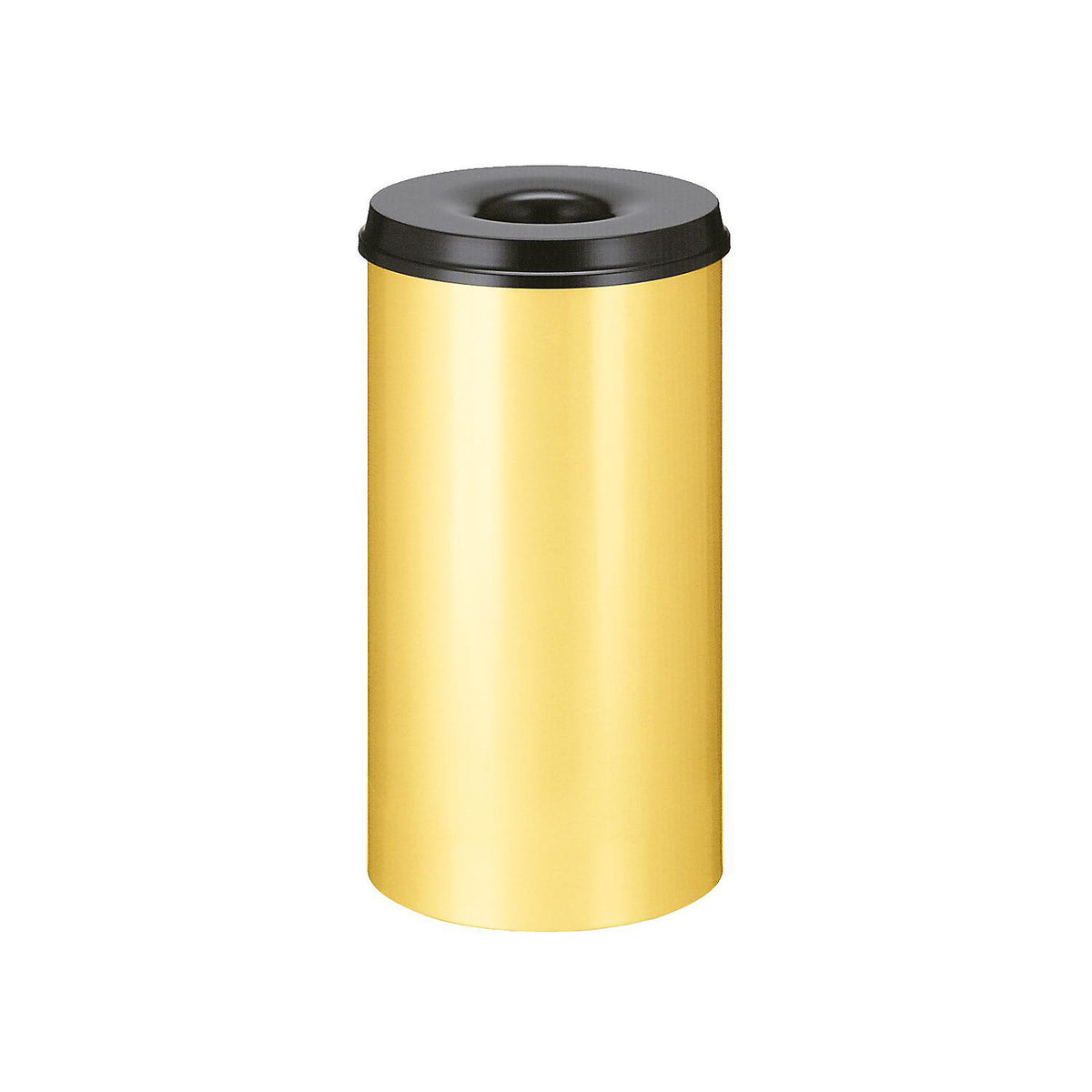 Safety waste paper bin, steel, self-extinguishing, capacity 50 l, HxØ 625 x 335 mm, body yellow / extinguishing lid black.