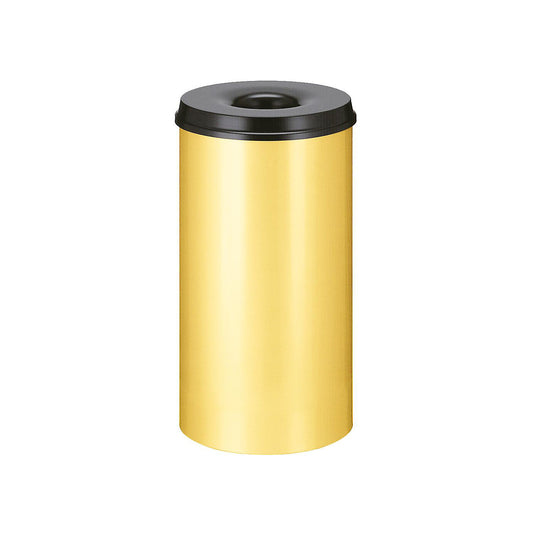 Safety waste paper bin, steel, self-extinguishing, capacity 50 l, HxØ 625 x 335 mm, body yellow / extinguishing lid black.