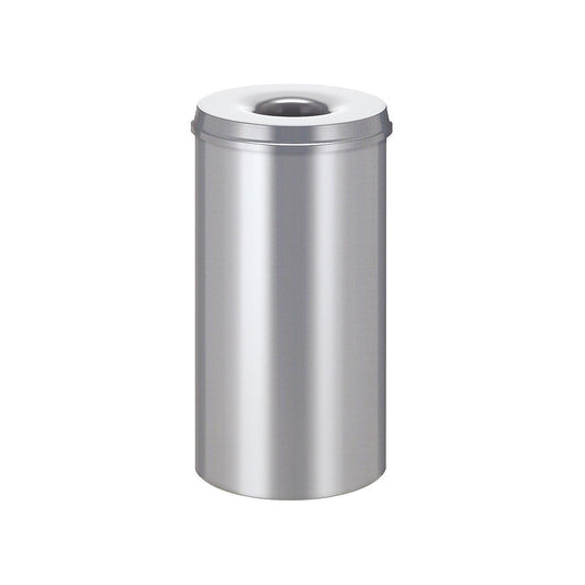 Safety waste paper bin, steel, self-extinguishing, capacity 50 l, HxØ 625 x 335 mm, body silver / extinguishing lid silver.