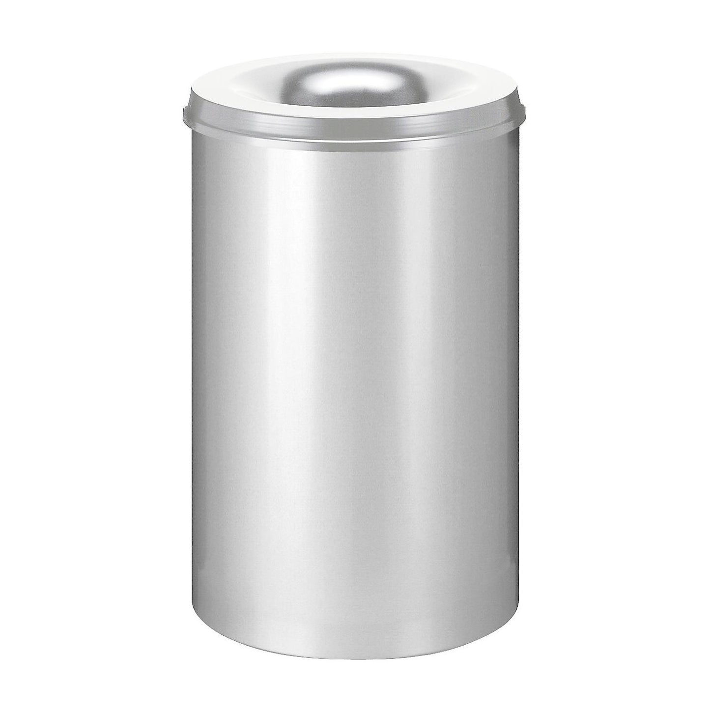 Safety paper bin, steel, flame retardant, capacity 110 l, HxØ 720 x 470 mm, body silver / extinguishing lid silver.