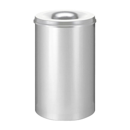 Safety paper bin, steel, flame retardant, capacity 110 l, HxØ 720 x 470 mm, body silver / extinguishing lid silver.