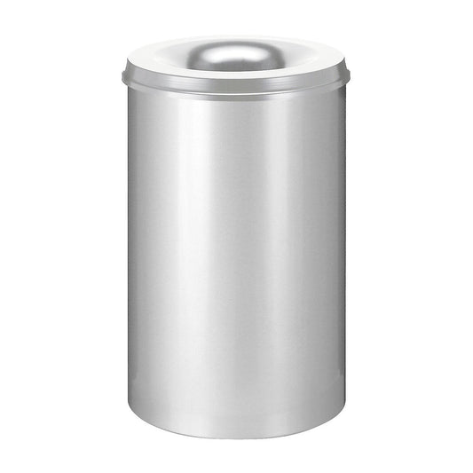 Safety paper bin, steel, flame retardant, capacity 110 l, HxØ 720 x 470 mm, body silver / extinguishing lid silver.