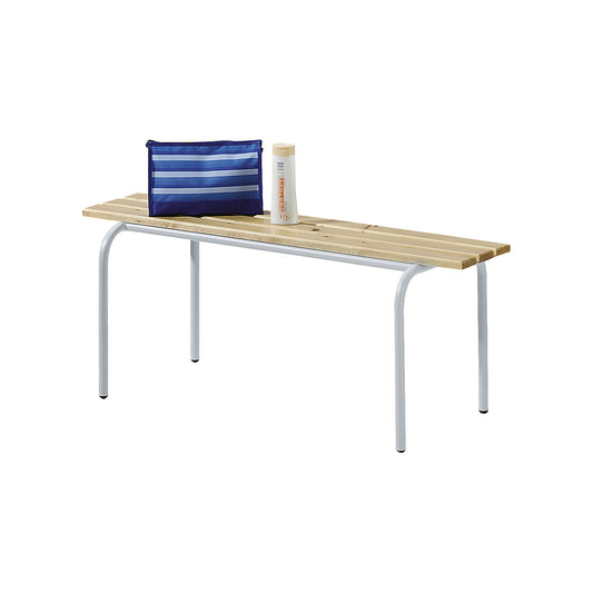 Changing room bench, stackable, clear varnished solid wood slats, length 1200 mm, light grey frame.