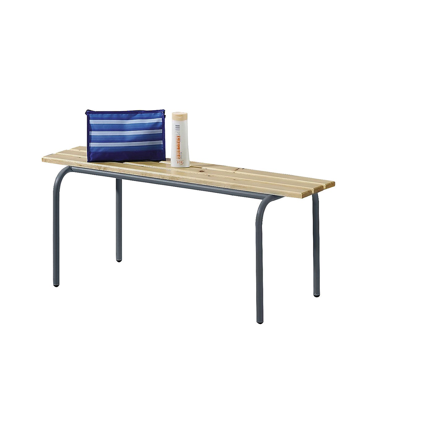 Changing room bench, stackable, clear varnished solid wood slats, length 1200 mm, basalt grey frame.