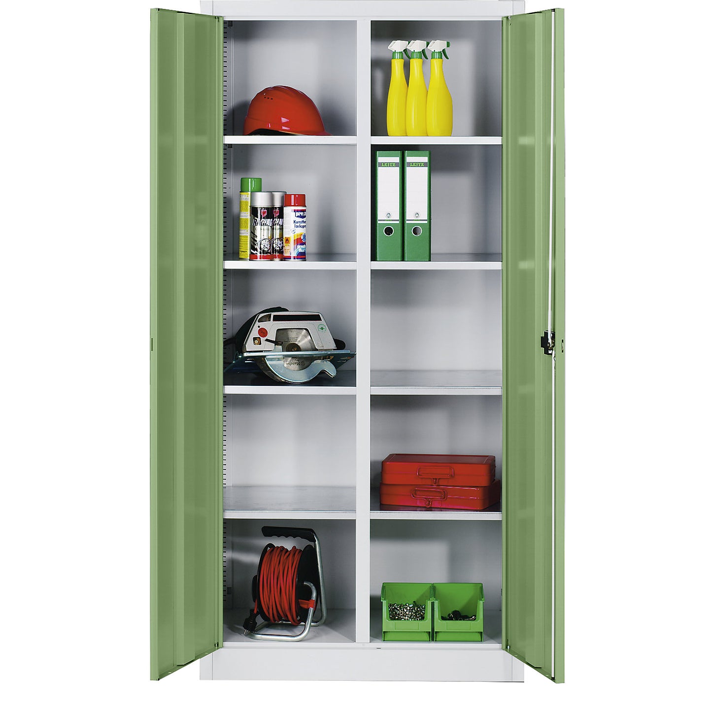 Storage cupboard made of sheet steel, 8 shelves, HxWxD 1950 x 1200 x 500 mm, reseda green doors, light grey body.