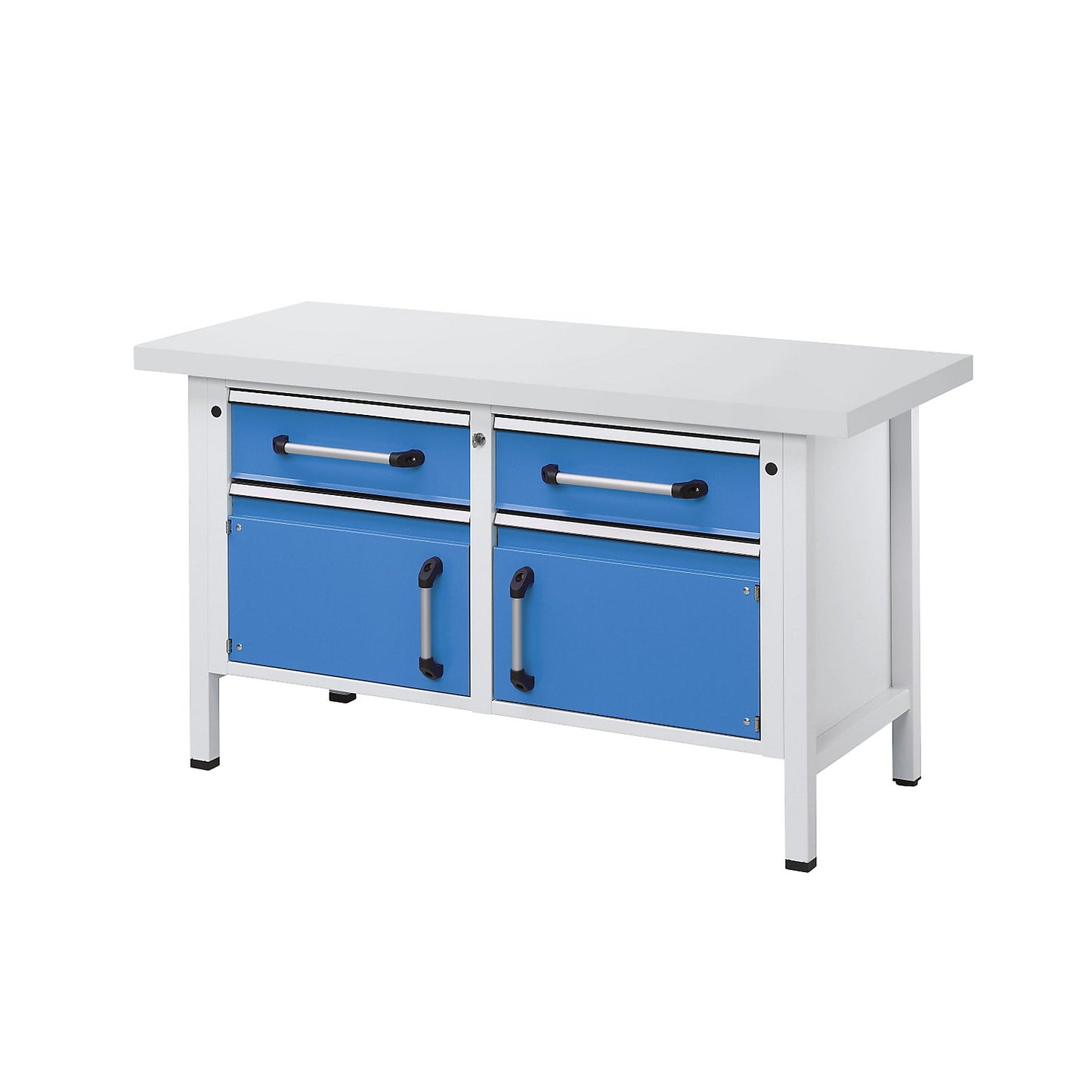 Workbench, frame construction, width 1500 mm, 2 drawers, 2 doors, light blue, universal worktop.