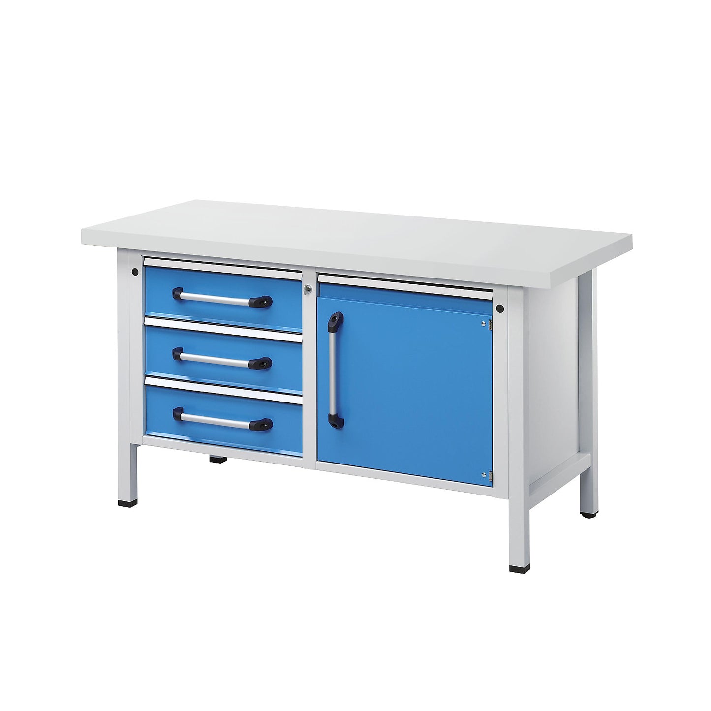 Workbench, frame construction, width 1500 mm, 3 drawers, 1 door, universal worktop.