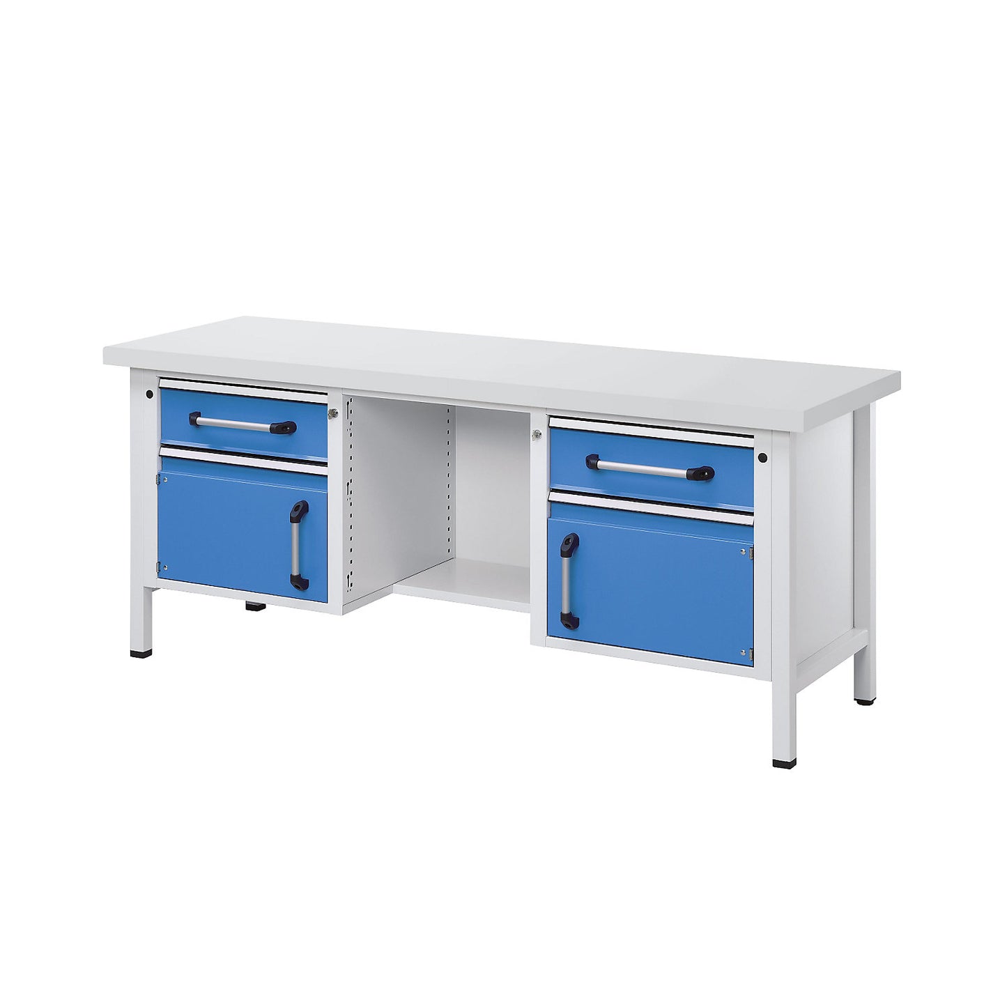 Workbench, frame construction, width 2000 mm, 2 drawers, 2 doors, universal worktop.