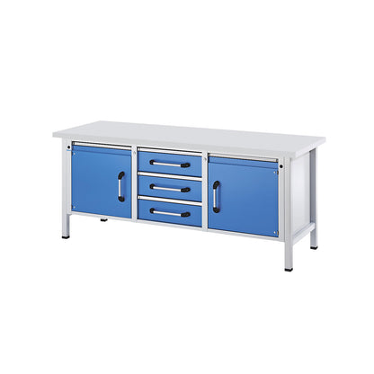 Workbench, frame construction, width 2000 mm, 3 drawers, 2 doors, universal worktop.