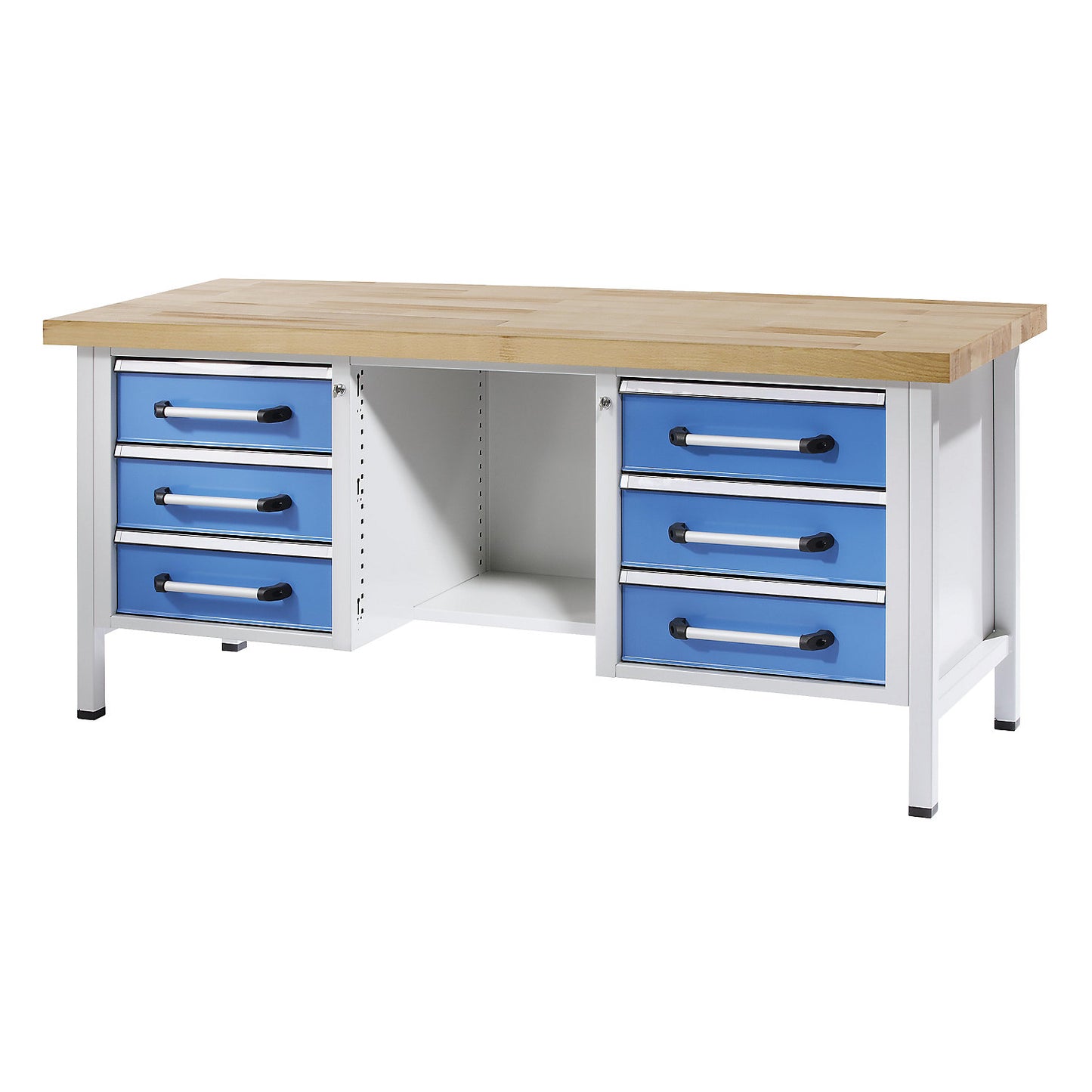 Workbench, frame construction, width 2000 mm, 6 drawers, 1/2 shelf, solid beech.