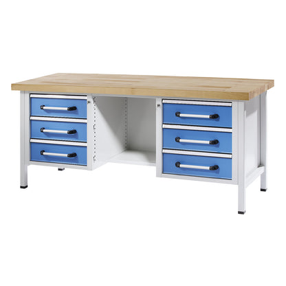 Workbench, frame construction, width 2000 mm, 6 drawers, 1/2 shelf, solid beech.