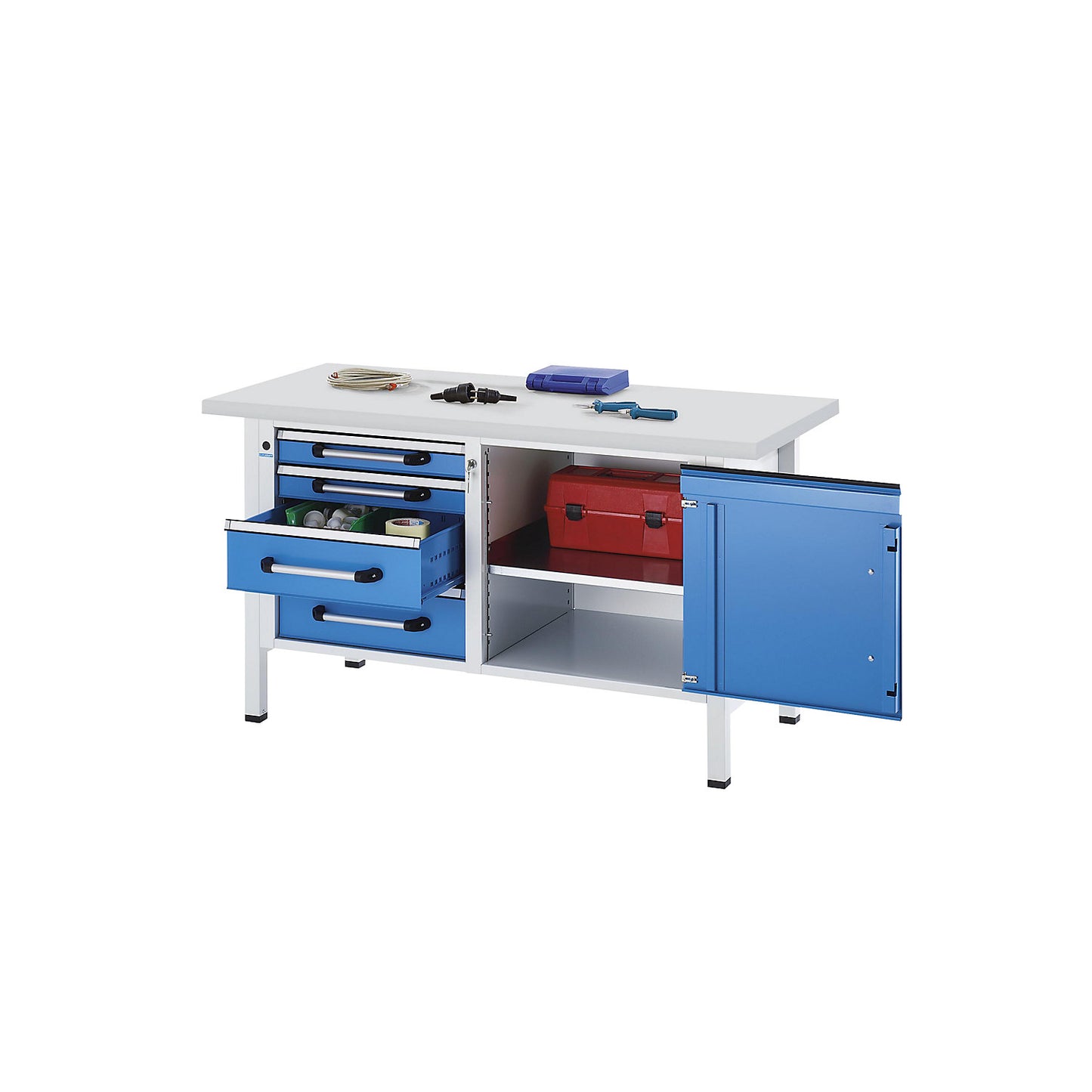 Workbench, frame construction, width 1500 mm, 4 drawers, 1 door, light blue, universal worktop.