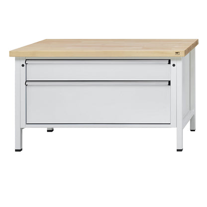 Workbench with XL/XXL drawers, frame construction, width 1500 mm, 2 drawers, solid beech worktop, front in light grey.